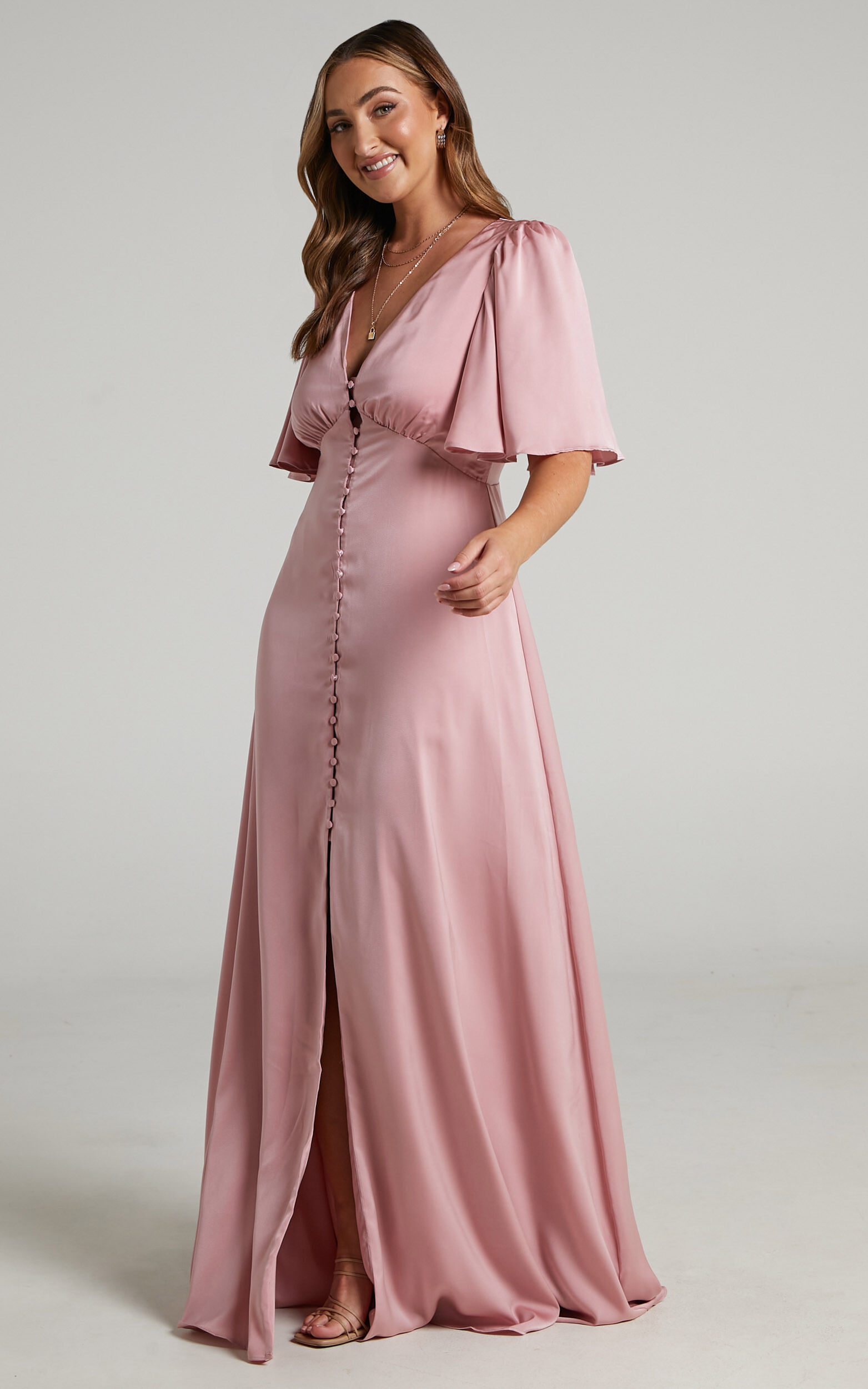 pink maxi dress with sleeves